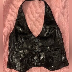 Black Twenty One sequin halter vest with pockets,Sm